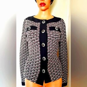 ST JOHN 2-6 BLACK PURPLE TWEED BOUCLE BLACK EYELASH METALLIC KNIT CRYSTAL JACKET